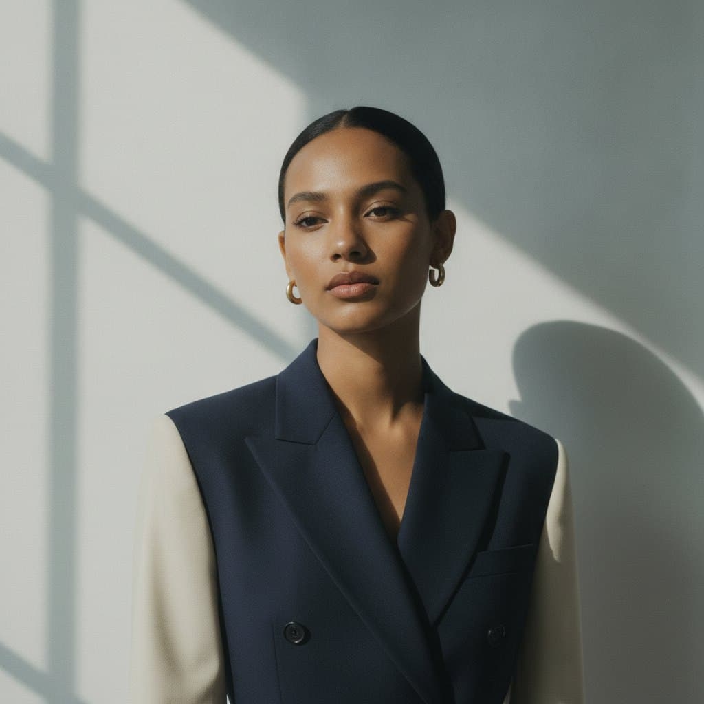 Michaela Gruber vor einer hellen Wand, in zweifarbigem dunkelblau-cremefarbenem Blazer